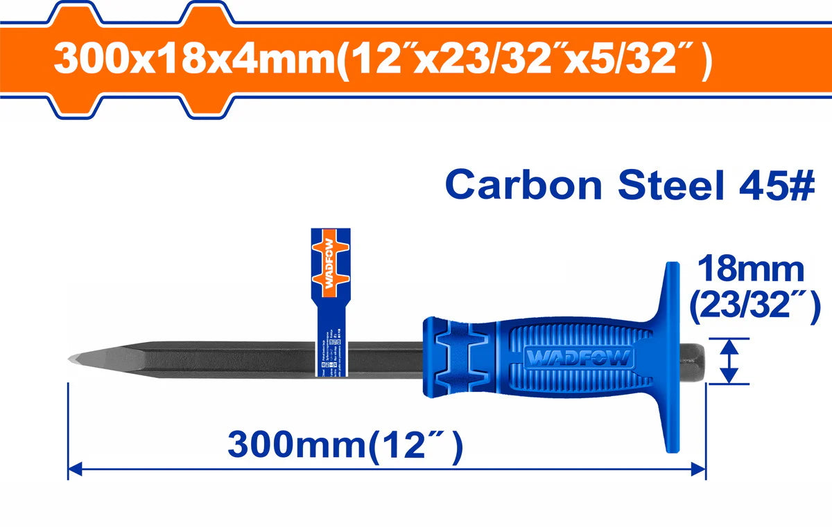 WADFOW 300mm Pointed Concrete Chisel 18mm Hex Shank Carbon Steel Demolition Tool with Protective Hand Guard Handle WCC1304 Wadfow